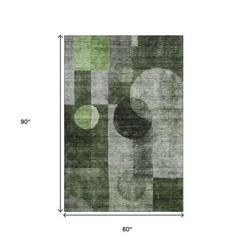 5' X 8' Fern Green Gray And Silver Geometric Washable Area Rug With UV Protection