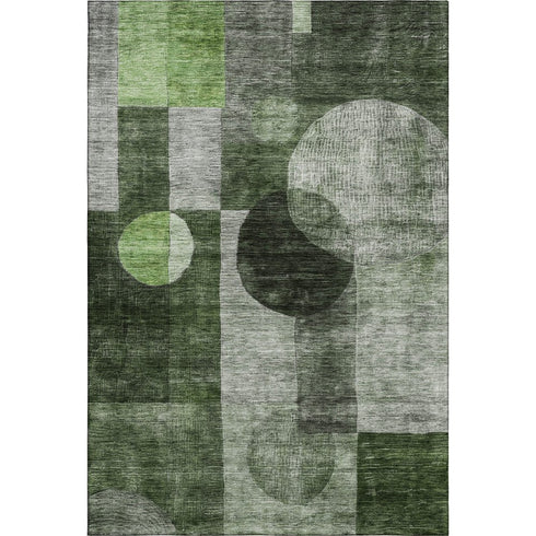 5' X 8' Fern Green Gray And Silver Geometric Washable Area Rug With UV Protection