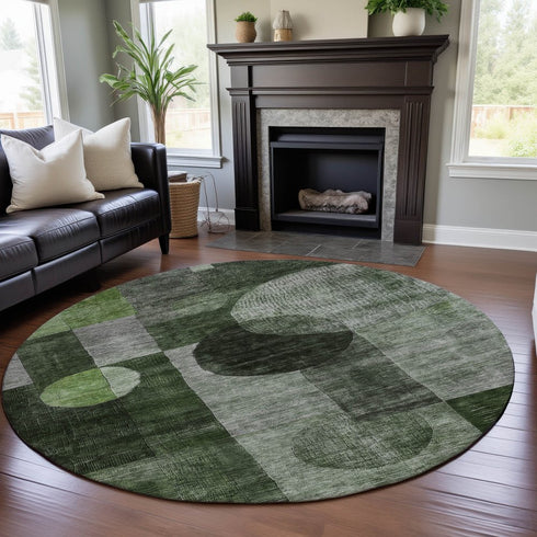 8' Fern Green Gray And Silver Geometric Washable Round Rug With UV Protection