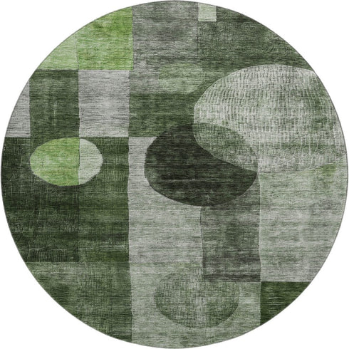 8' Fern Green Gray And Silver Geometric Washable Round Rug With UV Protection
