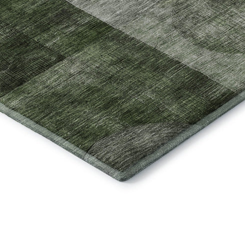 8' Fern Green Gray And Silver Geometric Washable Round Rug With UV Protection