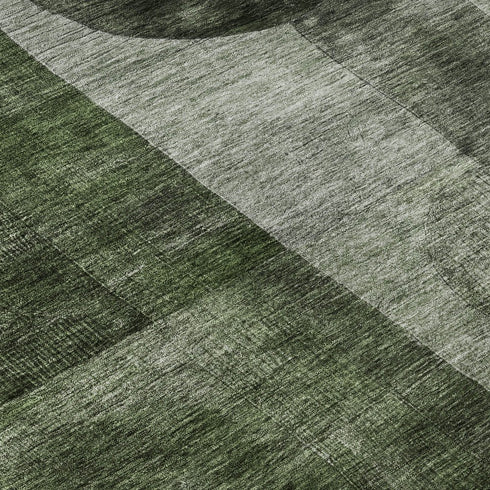 8' Fern Green Gray And Silver Geometric Washable Round Rug With UV Protection