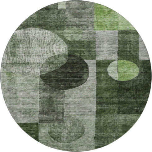 8' Fern Green Gray And Silver Geometric Washable Round Rug With UV Protection