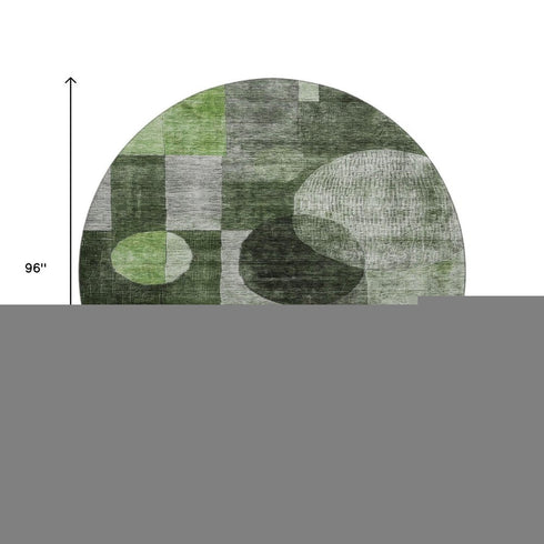8' Fern Green Gray And Silver Geometric Washable Round Rug With UV Protection