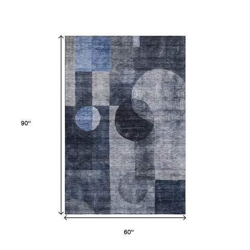 5' X 8' Navy Blue Silver And Charcoal Geometric Washable Area Rug With UV Protection