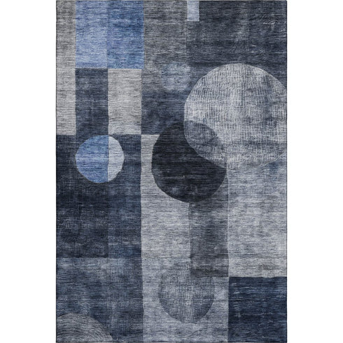 5' X 8' Navy Blue Silver And Charcoal Geometric Washable Area Rug With UV Protection