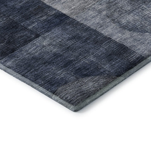 5' X 8' Navy Blue Silver And Charcoal Geometric Washable Area Rug With UV Protection