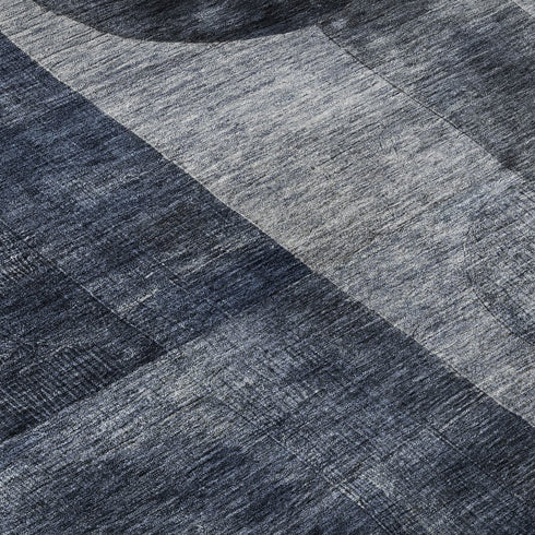 5' X 8' Navy Blue Silver And Charcoal Geometric Washable Area Rug With UV Protection