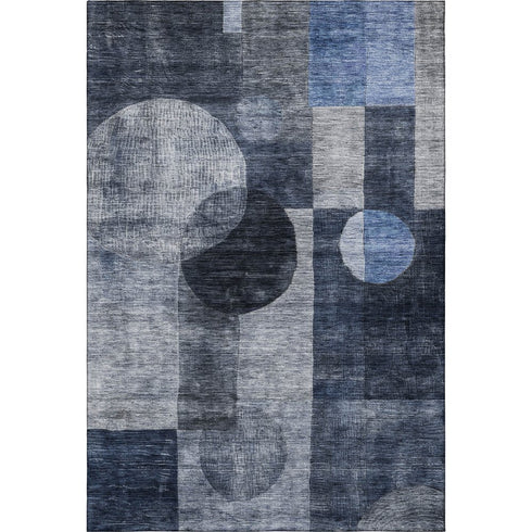 5' X 8' Navy Blue Silver And Charcoal Geometric Washable Area Rug With UV Protection