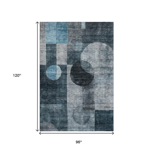 8' X 10' Teal Gray And Silver Geometric Washable Area Rug With UV Protection