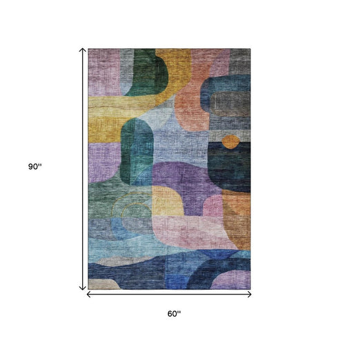 5' X 8' Blue Orange Pink And Purple Abstract Geometric Washable Area Rug With UV Protection