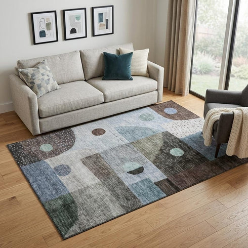 5' X 8' Blue Gray And Silver Geometric Washable Area Rug With UV Protection