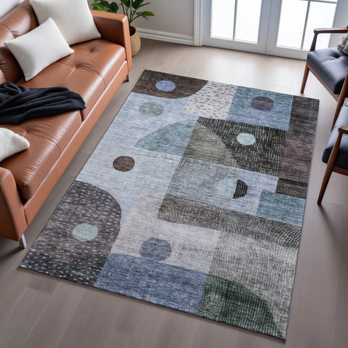 9' X 12' Blue Gray And Silver Geometric Washable Area Rug With UV Protection