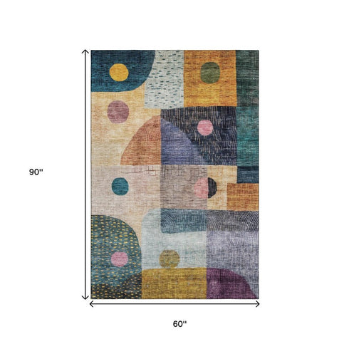 5' X 8' Green Teal Orange And Purple Geometric Washable Area Rug With UV Protection