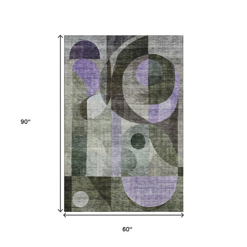 5' X 8' Olive Green Purple And Brown Geometric Washable Area Rug With UV Protection