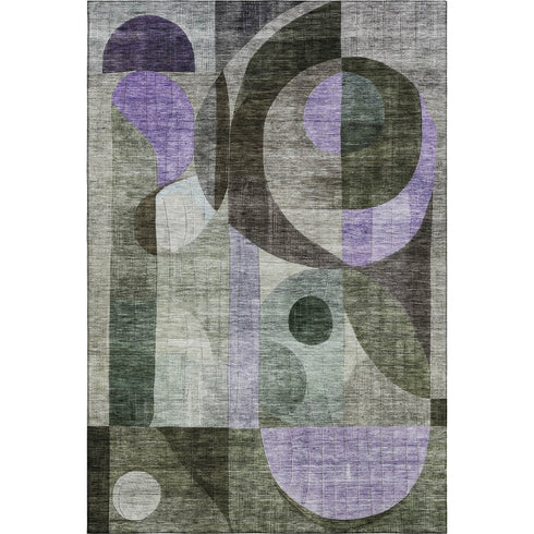 5' X 8' Olive Green Purple And Brown Geometric Washable Area Rug With UV Protection