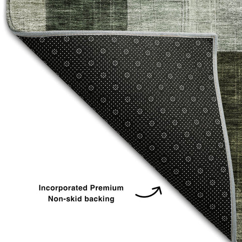 5' X 8' Olive Green Purple And Brown Geometric Washable Area Rug With UV Protection