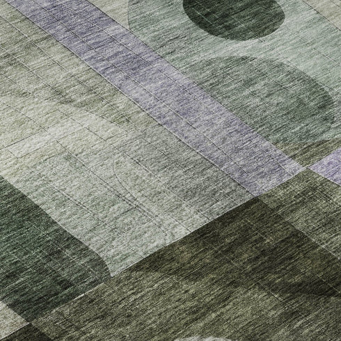 5' X 8' Olive Green Purple And Brown Geometric Washable Area Rug With UV Protection