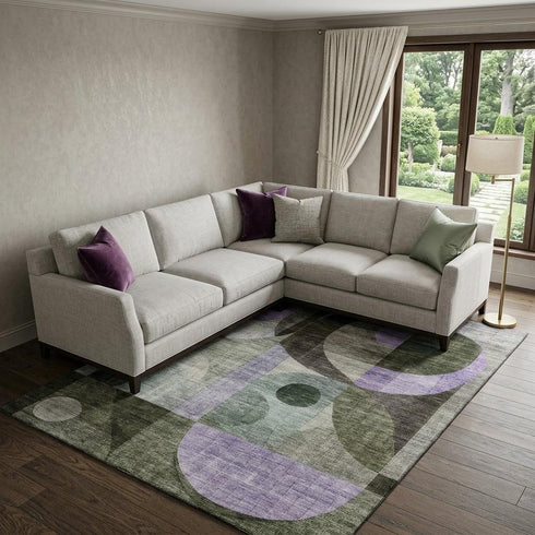 8' X 10' Olive Green Purple And Brown Geometric Washable Area Rug With UV Protection