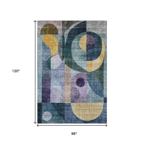 8' X 10' Blue Gold And Purple Abstract Geometric Washable Area Rug With UV Protection