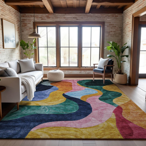 8' X 10' Green Orange Teal And Pink Abstract Washable Area Rug With UV Protection