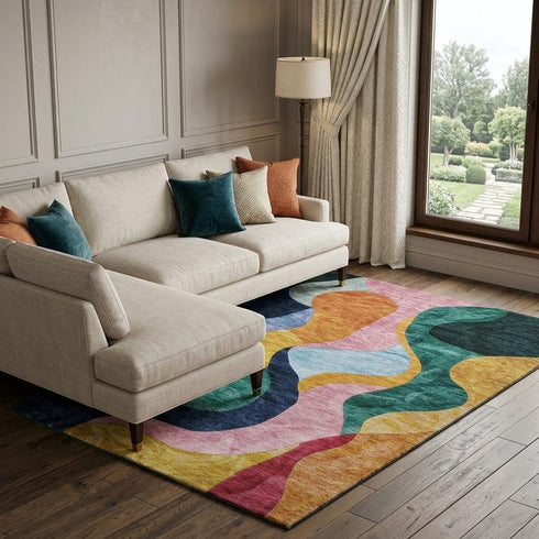 8' X 10' Green Orange Teal And Pink Abstract Washable Area Rug With UV Protection