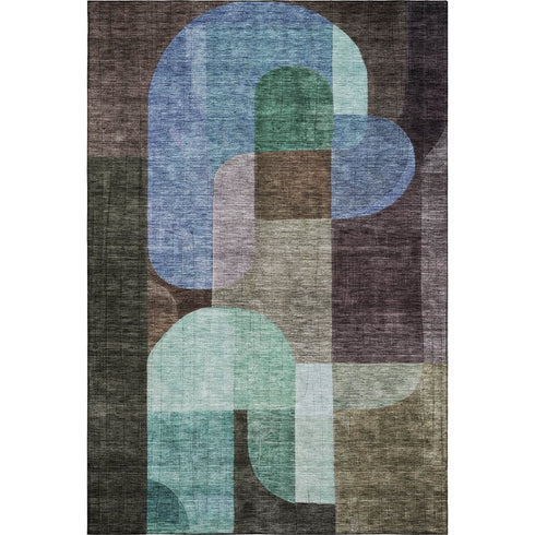 5' X 8' Brown Blue And Green Abstract Geometric Washable Area Rug With UV Protection