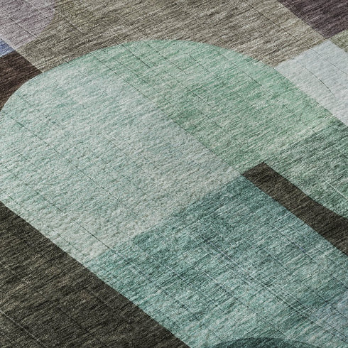 5' X 8' Brown Blue And Green Abstract Geometric Washable Area Rug With UV Protection