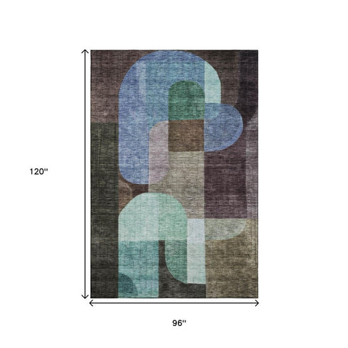8' X 10' Brown Blue And Green Abstract Geometric Washable Area Rug With UV Protection