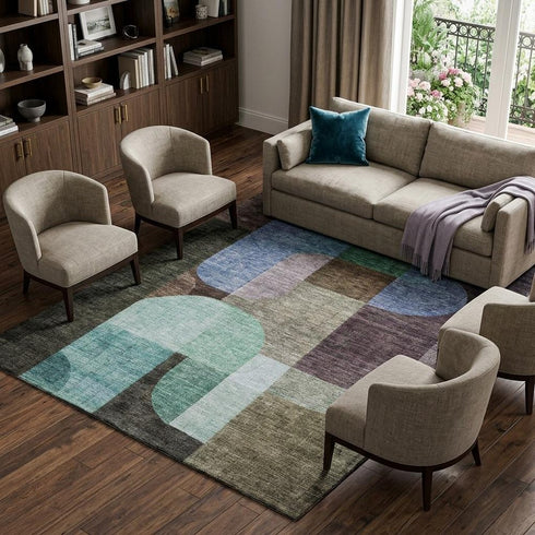 8' X 10' Brown Blue And Green Abstract Geometric Washable Area Rug With UV Protection
