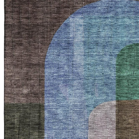 8' X 10' Brown Blue And Green Abstract Geometric Washable Area Rug With UV Protection