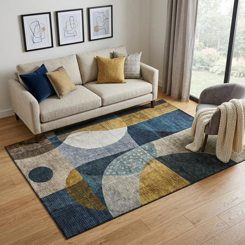 5' X 8' Blue Gold And Beige Abstract Geometric Washable Area Rug With UV Protection
