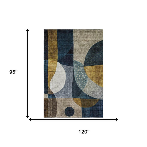 8' X 10' Blue Gold And Beige Abstract Geometric Washable Area Rug With UV Protection