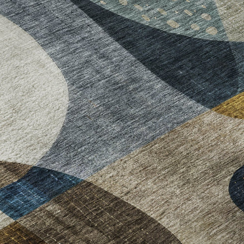 8' X 10' Blue Gold And Beige Abstract Geometric Washable Area Rug With UV Protection