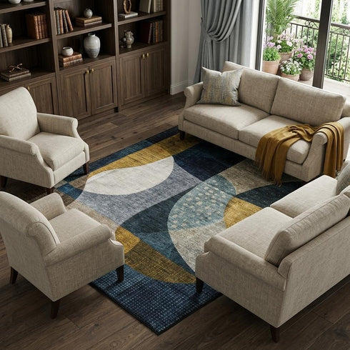 8' X 10' Blue Gold And Beige Abstract Geometric Washable Area Rug With UV Protection