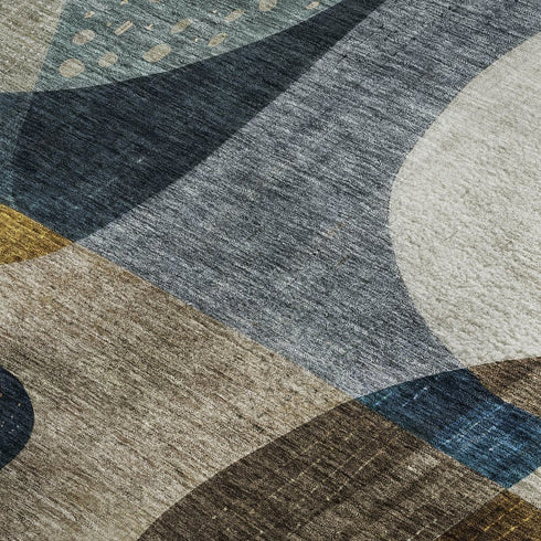 8' X 10' Blue Gold And Beige Abstract Geometric Washable Area Rug With UV Protection