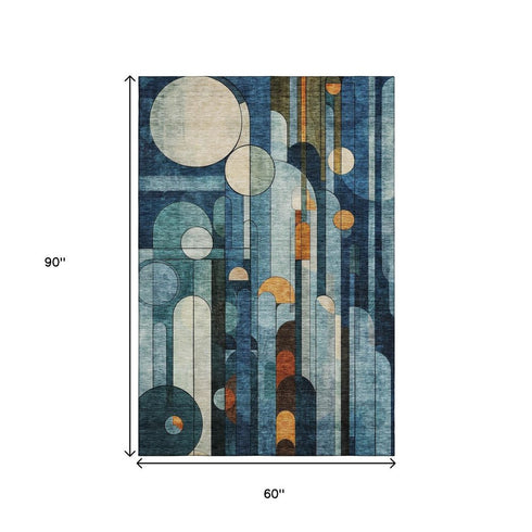 5' X 8' Blue Copper And Ivory Geometric Washable Area Rug With UV Protection