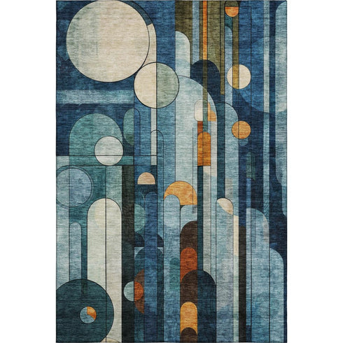 5' X 8' Blue Copper And Ivory Geometric Washable Area Rug With UV Protection