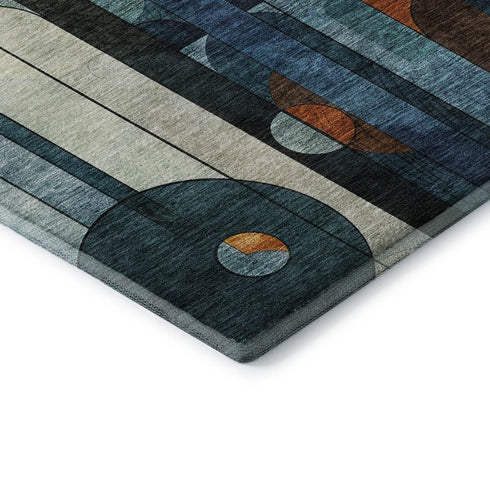 5' X 8' Blue Copper And Ivory Geometric Washable Area Rug With UV Protection