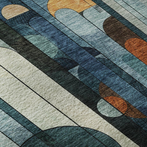 5' X 8' Blue Copper And Ivory Geometric Washable Area Rug With UV Protection
