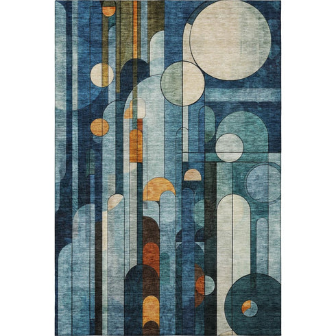 5' X 8' Blue Copper And Ivory Geometric Washable Area Rug With UV Protection