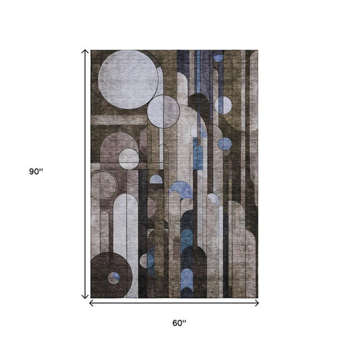 5' X 8' Brown Blue And Beige Geometric Washable Area Rug With UV Protection