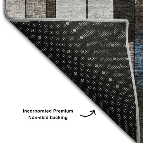 5' X 8' Brown Blue And Beige Geometric Washable Area Rug With UV Protection