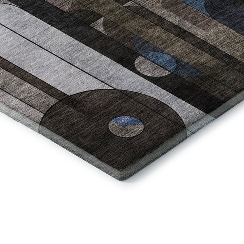 5' X 8' Brown Blue And Beige Geometric Washable Area Rug With UV Protection