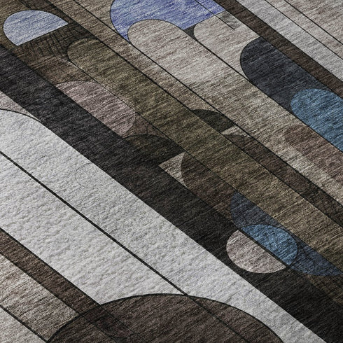 5' X 8' Brown Blue And Beige Geometric Washable Area Rug With UV Protection