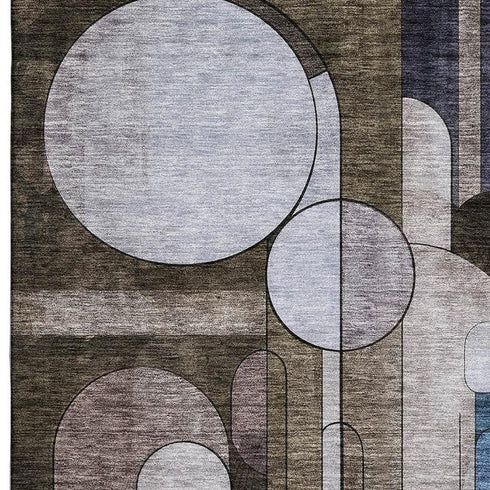 5' X 8' Brown Blue And Beige Geometric Washable Area Rug With UV Protection