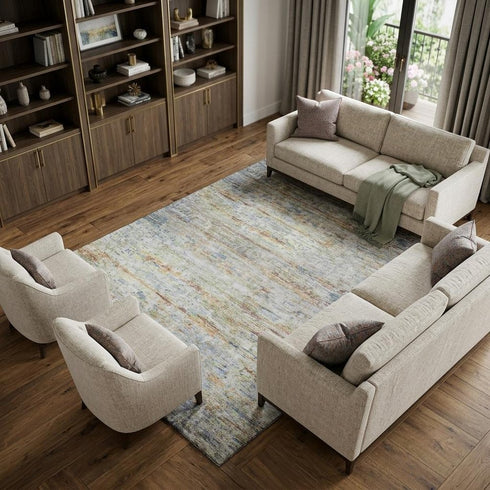 8' X 10' Copper Beige And Blue Striped Washable Area Rug With UV Protection