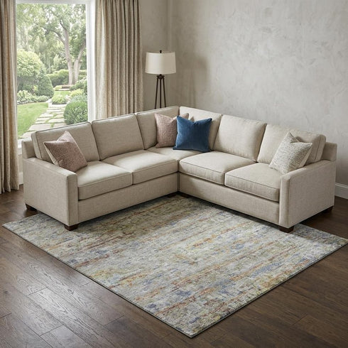 9' X 12' Copper Beige And Blue Striped Washable Area Rug With UV Protection