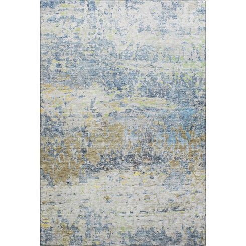 5' X 8' Blue Gold And Beige Abstract Washable Area Rug With UV Protection