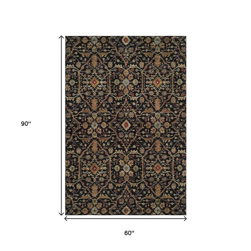 5' X 8' Black Gold And Blue Oriental Washable Area Rug With UV Protection